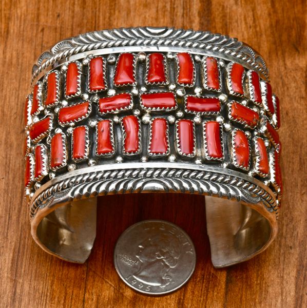 Wide Sterling Navajo cuff with 30 pieces of Mediterranean red coral. #0688