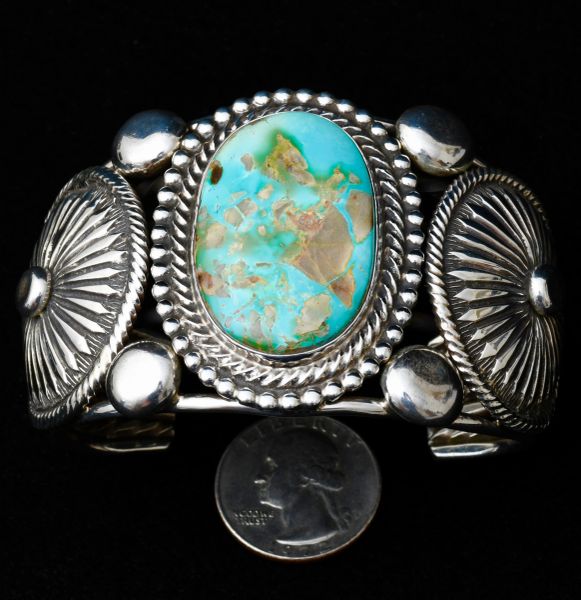 Rick Martinez' heavy-silver Navajo cuff with two exquisite Sterling conchos and Royston turquoise. #1091