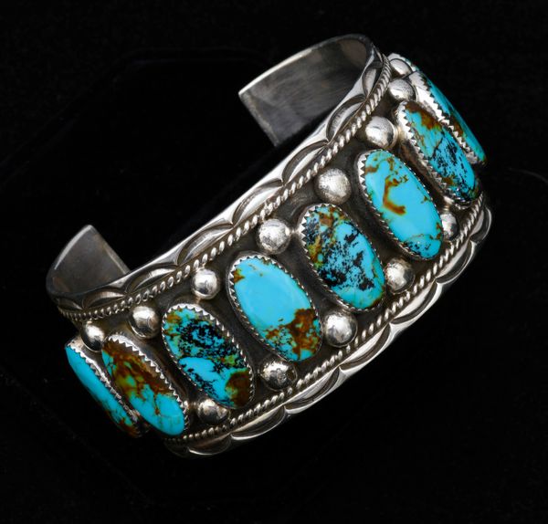 Sterling nine-stone row cuff with Kingman turquoise, by Garrett Platero #1126