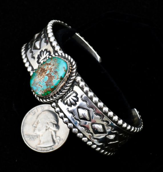 Size 6 and 7/8th's hand-stamped Sterling navajo cuff with single turquoise stone. #1128