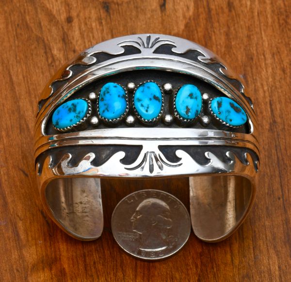 Double-overlay shadowbox pawn cuff with Sleeping Beauty turquoise. #0818