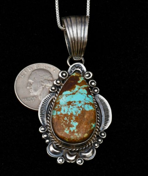 Sterling Navajo old-style pendant (and chain) with No. 8 Mine turquoise. #1147