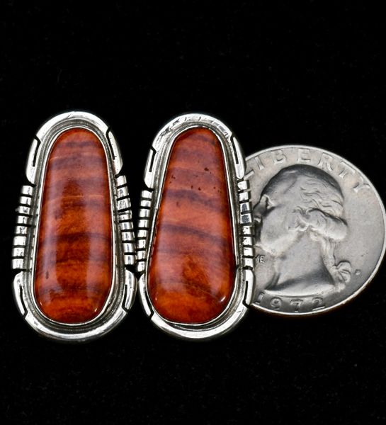 Sterling Navajo earrings with striped mahogany color spiney oyster shell. #1158