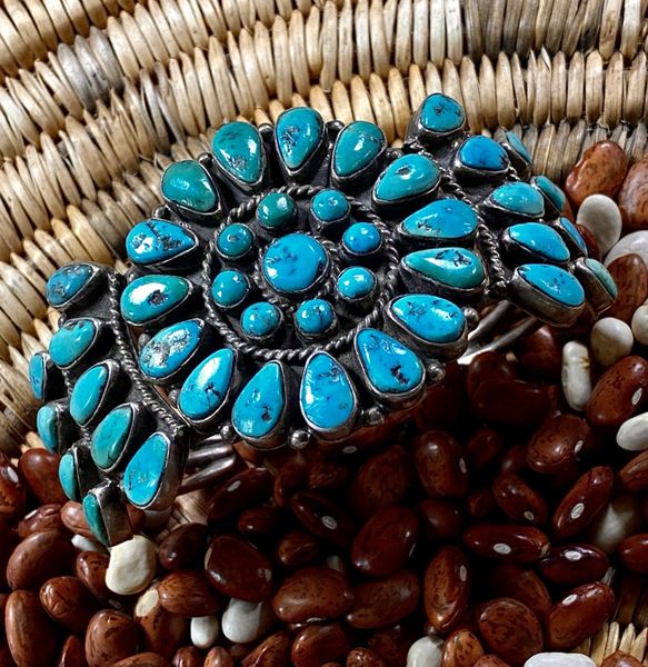Older Zuni pawn pedi-point cluster cuff with Sleeping Beauty turquoise. #0495