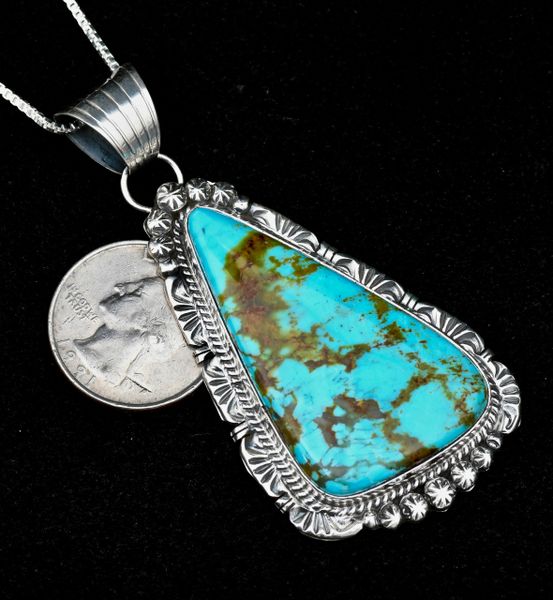 Sterling Navajo pendant (with chain) with Kingman turquoise, by the late Gilbert Tom. #1181