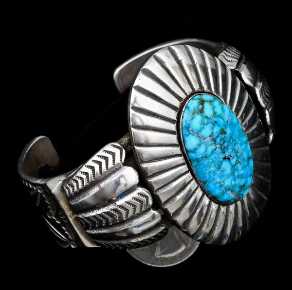 Heavy silver Navajo pawn cuff with new water-web Kingman turquoise stone. #1195