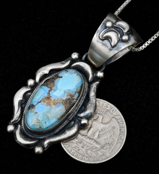 Golden Hills turquoise pendant with predominate repousse' silversmithing. #1202