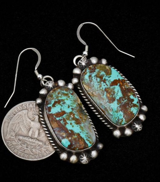 Navajo Sterling earrings with hand-picked Kingman turquoise crafted in "old-style" patina. #1209