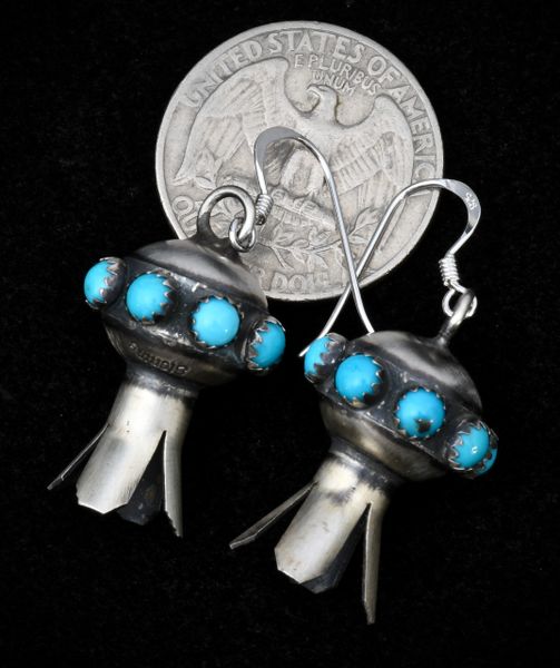 Sterling Navajo squash-blossom earrings with 16-pieces of Sleeping Beauty turquoise. #1221