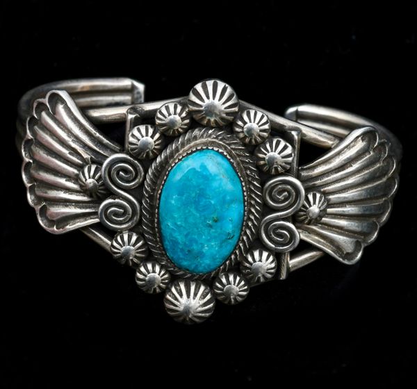 Well crafted dead-pawn Navajo Kingman turquoise cuff—6 and 1/8th-inch wrist circumference. SOLD! #1296