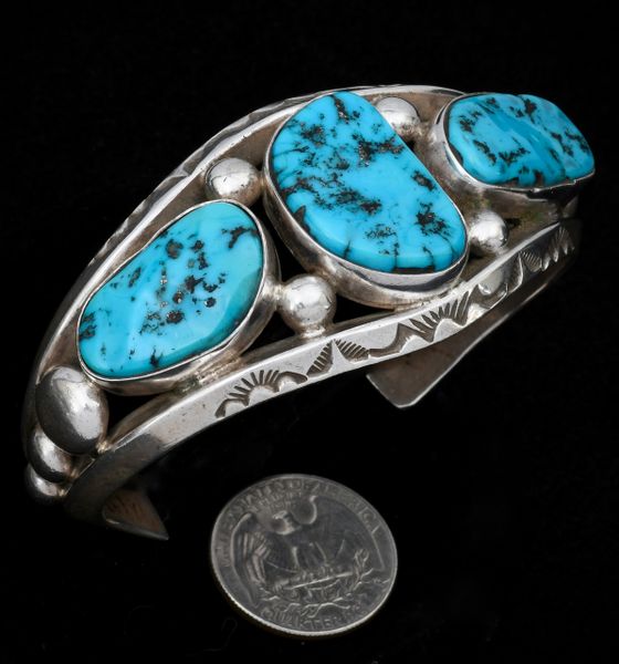 Heavy-silver, dead-pawn classic Navajo cuff with Sleeping Beauty turquoise. #1307