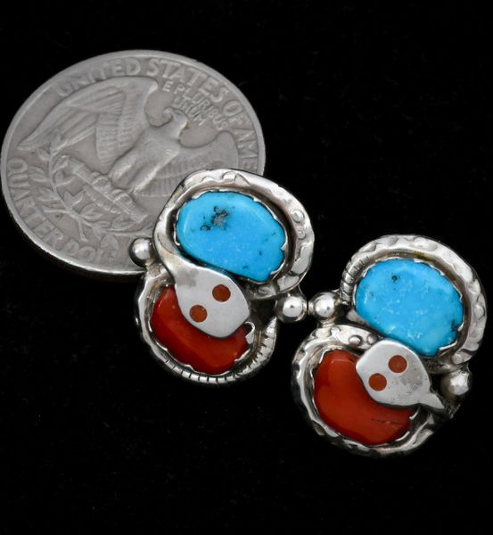 Slightly larger version of Effie Calavasa's signature snake earrings with turquoise and coral. #0788