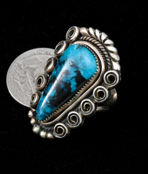 Intricate Navajo size 7.5 dead pawn Kingman turquoise ring. SOLD! #1338