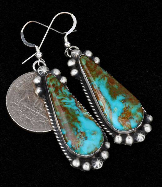 Navajo teardrop earrings in old-style patina with colorful turquoise. #1370
