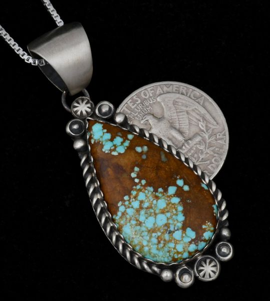 No. 8 Mine turquoise pendant (with chain) by Navajo silversmith Robert Shakey. #1412