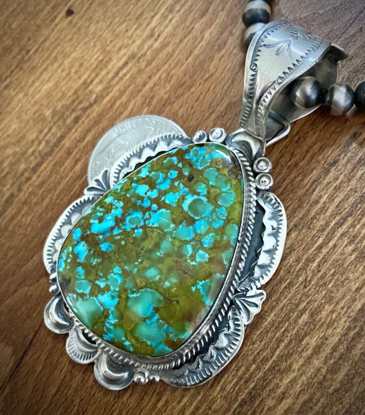 Trophy micro-web Kingman turquoise Navajo pendant by Gilbert Tom (shown with optional 6mm, 20-inch Navajo 'pearl' bead chain). SOLD! #1474