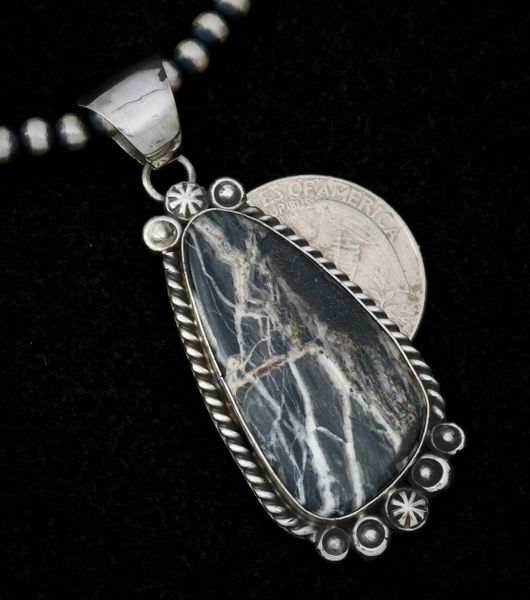 Almost black White Buffalo Navajo pendant (shown with optional 4mm, 24-inch Navajo 'pearl' bead chain). #1483