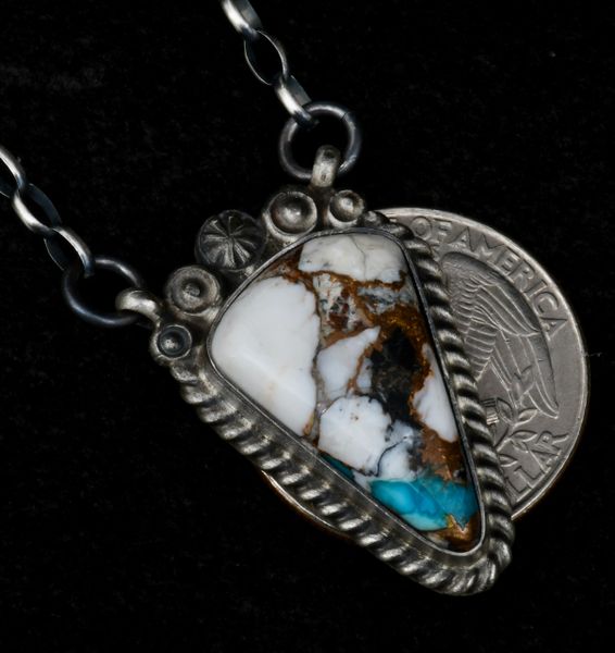 Navajo bar necklace with White Buffalo; turquoise and bronze mix, by Robert Shakey. #1524
