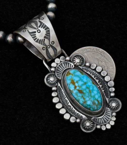Trophy Navajo water-web Kingman turquoise Navajo pendant. Shown with optional 5mm, 20-inch burnished Sterling 'Navajo pearls' bead chain. #1537