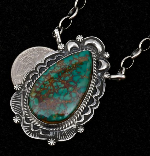 Custom-made Navajo bar-type necklace with hand-picked micro-web Kingman turquoise. #1557