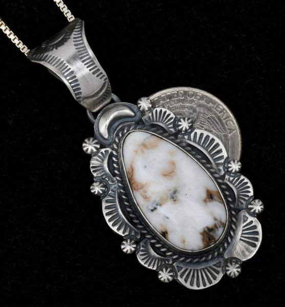 Colorful White Buffalo Navajo pendant (and chain) with hand-stamping and repousse' SOLD!#1566