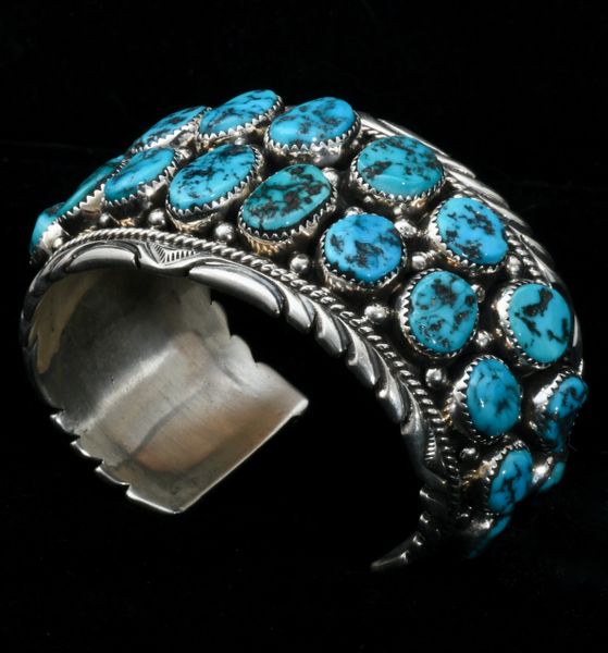 Navajo double row-cuff with 26 Sleeping Beauty turquoise stones. #1594