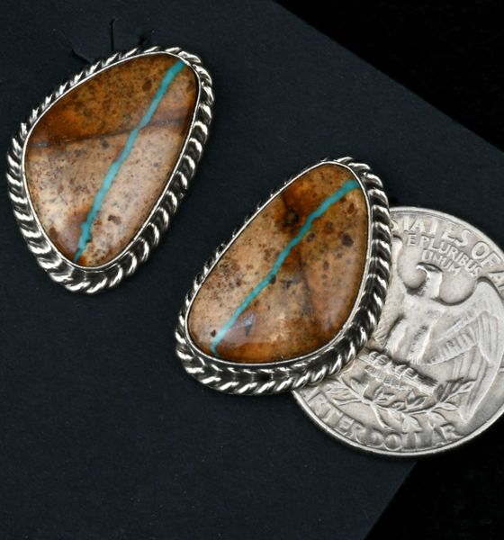 Ribbon turquoise Navajo studs with distinct turquoise ribbon, by Augustine Largo. #1605