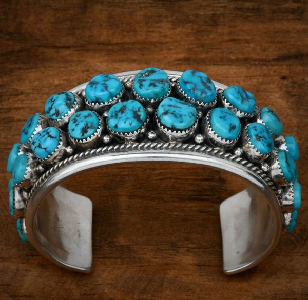 27-stone Navajo pawn double row cluster cuff with Sleeping Beauty turquoise. #1622