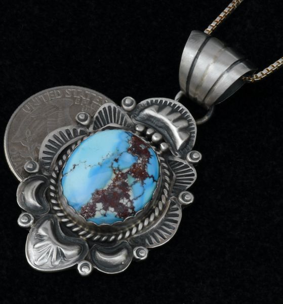 Hand-stamped and repousse' Golden Hills turquoise Navajo pendant (with chain). #1624