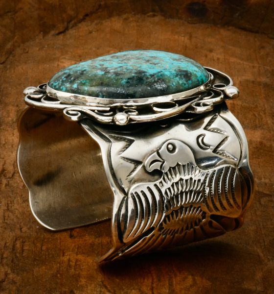 Chimney Butte two-inch-wide hand-stamped eagle turquoise cuff. SOLD! #1640