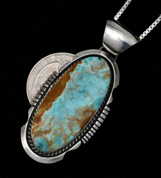 Traditional Navajo pendant (and chain) with Kingman turquoise, by Alfred Martinez. #1662