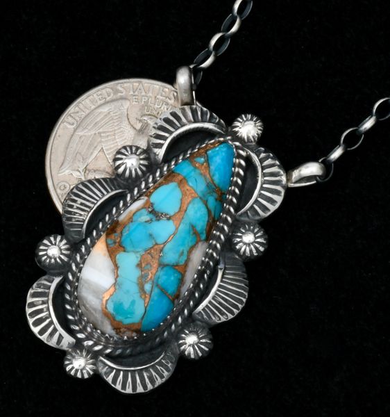 Robert Shakey' elaborate Navajo bar necklace with turquoise, white buffalo and bronze mix 'stone.' #1674