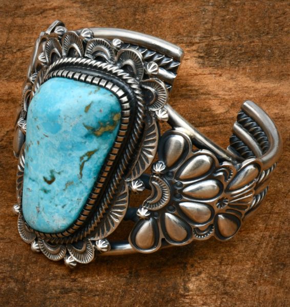 Hank Vandever' heavy-silver traditional hand-stamped Navajo cuff with Kingman turquoise and reverse-stamped repousse' #1679