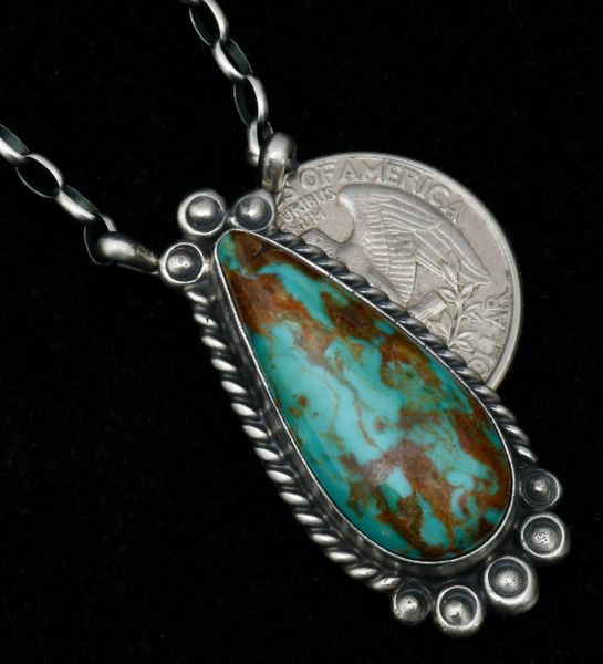 Robert Shakey' Navajo teardrop bar necklace with colorful Kingman turquoise. #1683