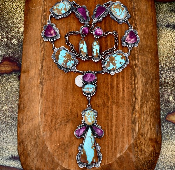 Gilbert Tom Navajo lariat with large No. 8 Mine turquoise and purple spiney oyster shell. #1691