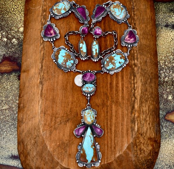 Navajo lariat necklace with large No. 8 Mine turquoise and purple spiney oyster shell, by the late Gilbert Tom. #1691