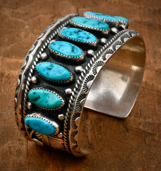 Dead-pawn Navajo row cuff with ten Sleeping Beauty turquoise stones. #1700