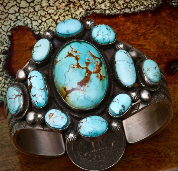 Calvin Martinez' Navajo cluster cuff with old No. 8 Mine turquoise. #1706