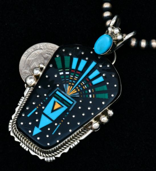 Ray Jack medium-large nighttime "spirit in the sky" inlay pendant (shown with optional 5mm, 22-inch burnished Sterling Navajo "pearl" bead chain). SOLD! #1726