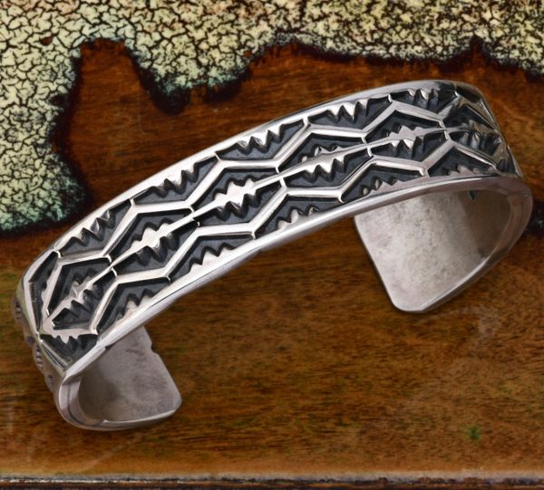 Heavy silver deep-cut Navajo man's cuff by Jerrold Tahe. #1735