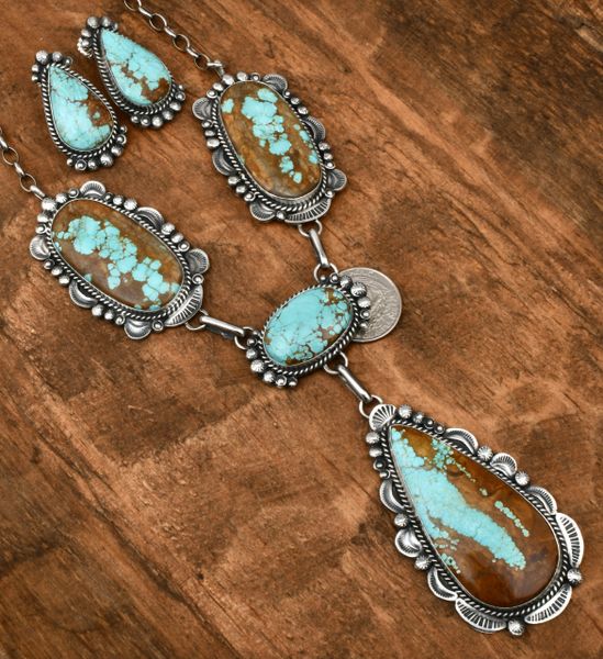 Navajo necklace with large No. 8 Mine turquoise stones, by Gilbert Tom. Earrings NOT included (they sold separately). SOLD! #1762