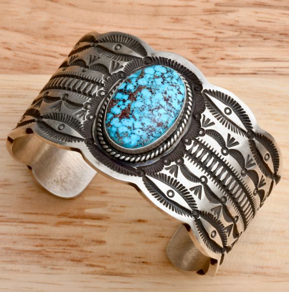 Heavy silver Navajo cuff by Henry Sam with black-web Kingman turquoise. #1766