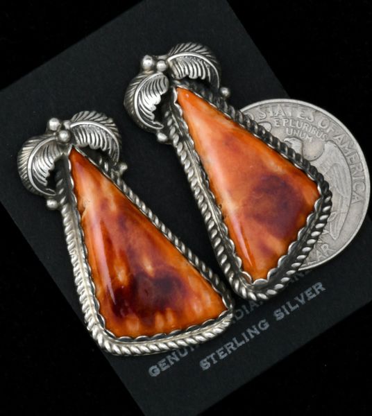 Navajo earrings by R. Joe with colorful orange and mahogany spiney-oyster shell. #1777