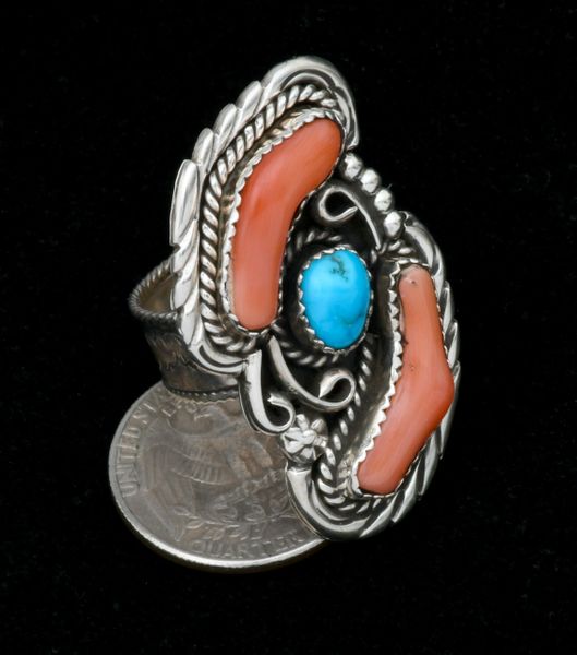 Adjustable pink coral and turquoise Navajo ring. SOLD! #1838