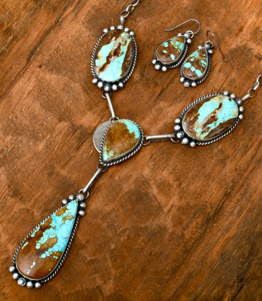 SOLD! Pendant necklace and matching earrings with No.8 Mine turquoise, by Augustine Largo. #1852