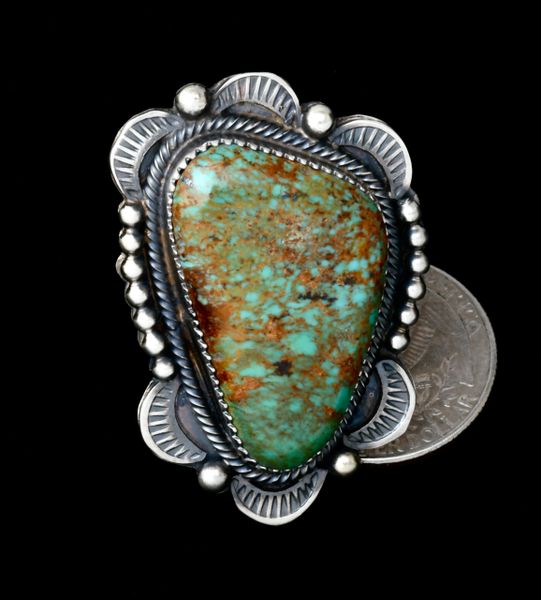 Tia Long' Size 8 (but slightly adjustable) Navajo turquoise hand-stamped ring. #1857