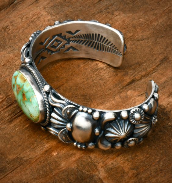 Delbert Gordon fancy Navajo cuff with Royston, Nevada turquoise. SOLD! #1866