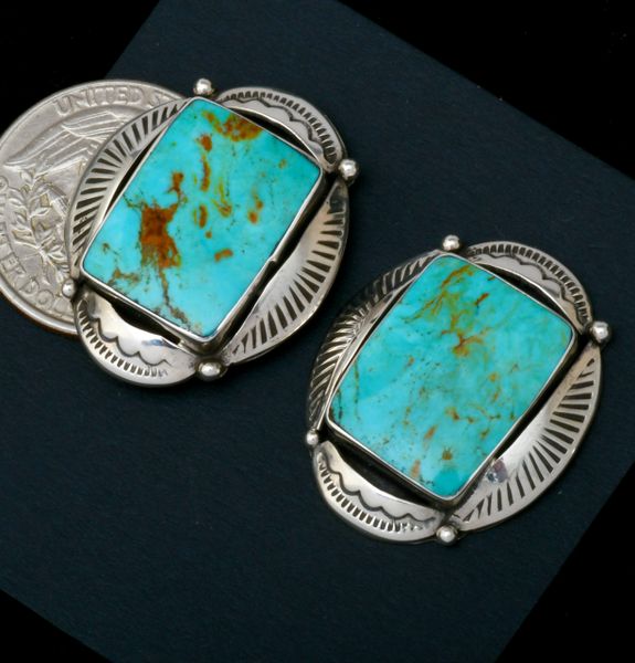 Oval Navajo earrings with rectangular Kingman turquoise, by Sadie Jim. #1867
