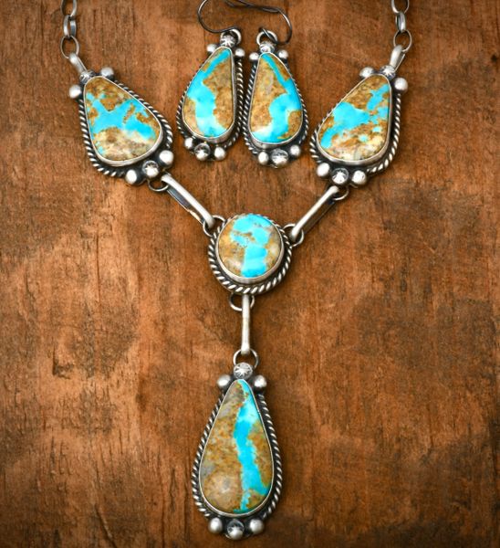 Six stone Navajo necklace and earring set with ribbon turquoise. by Augustine Largo. #1874