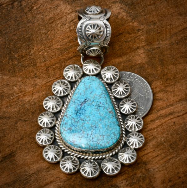 Mary Ann Spencer' medium-large Navajo pendant with Kingman turquoise. #1879